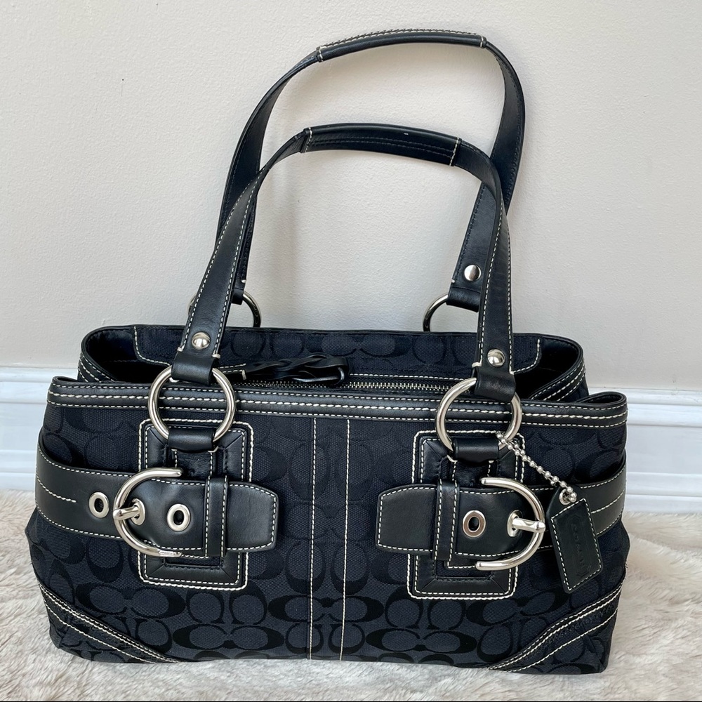 Coach Black Signature Canvas Tote with Silver Hardware